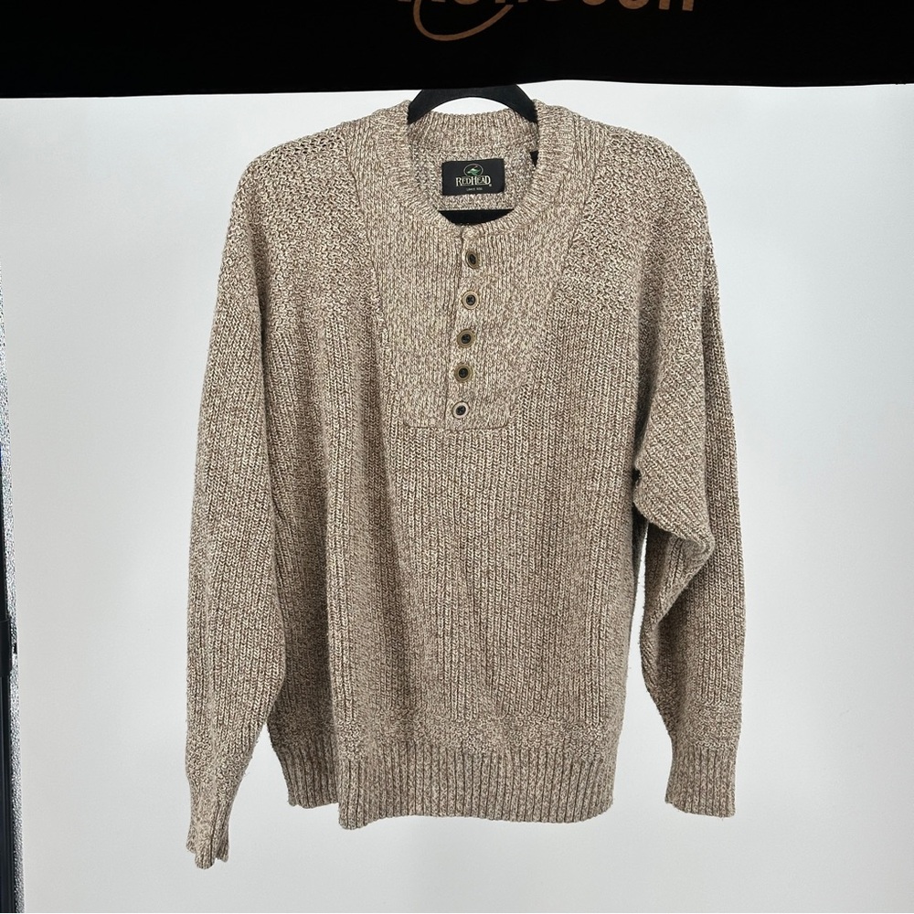 RedHead Large Tan Heather‎ Crewneck Henley Sweater Cotton Blend Rugged Outdoorsy